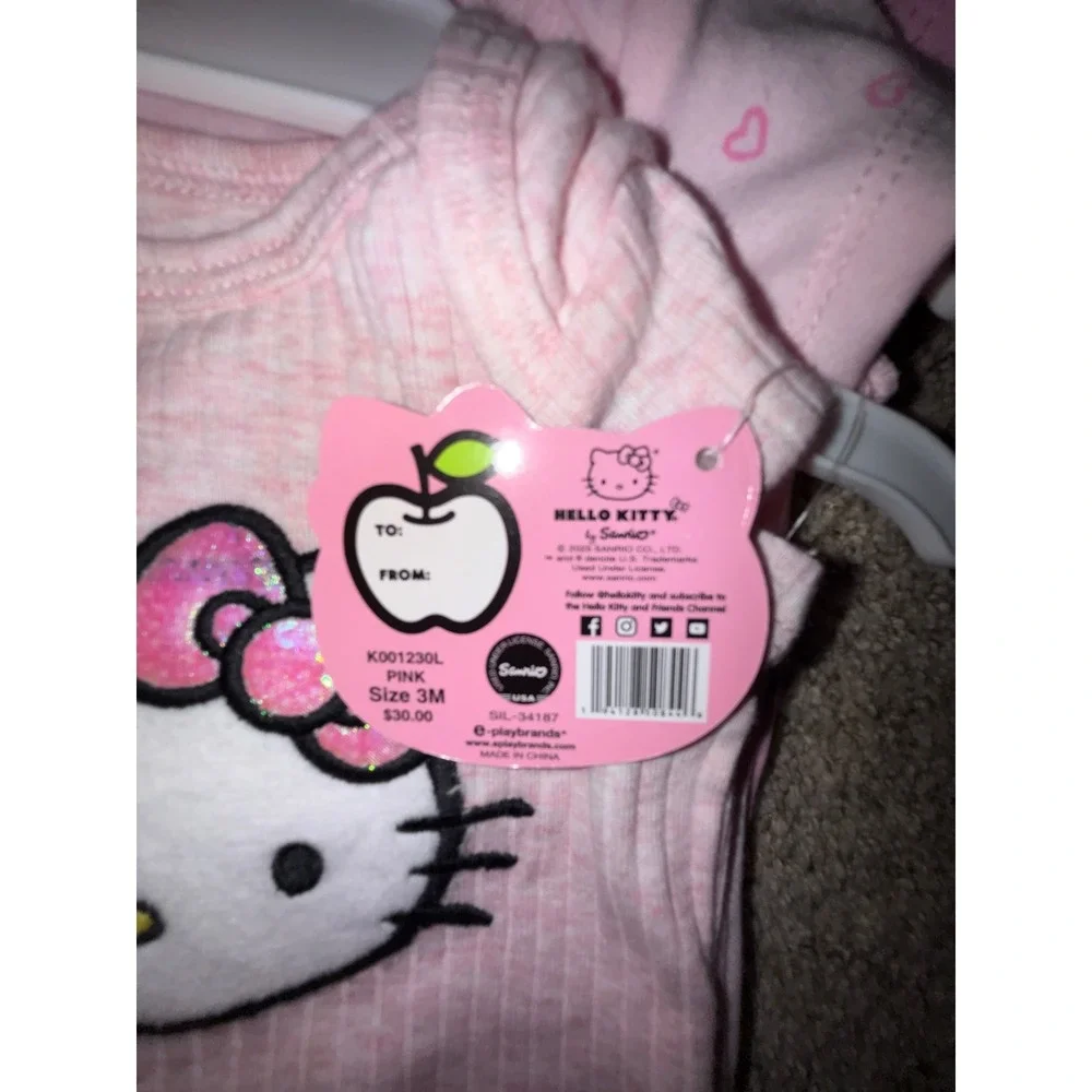 Hello Kitty Sanrio Baby Girls 3 Pack Pink Bodysuits Sequin Bow Hearts 3M NEW